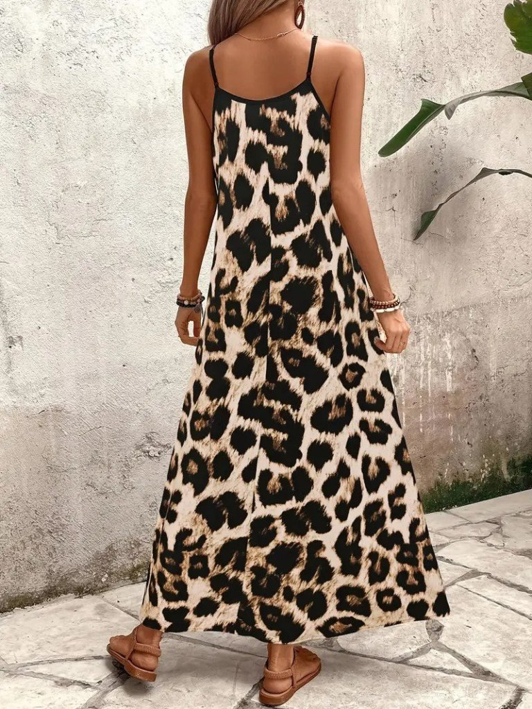 Kadın Ip Askılı Geniş V Yakalı Leopar Desenli Süprem Elbise , 25152 - Image 5