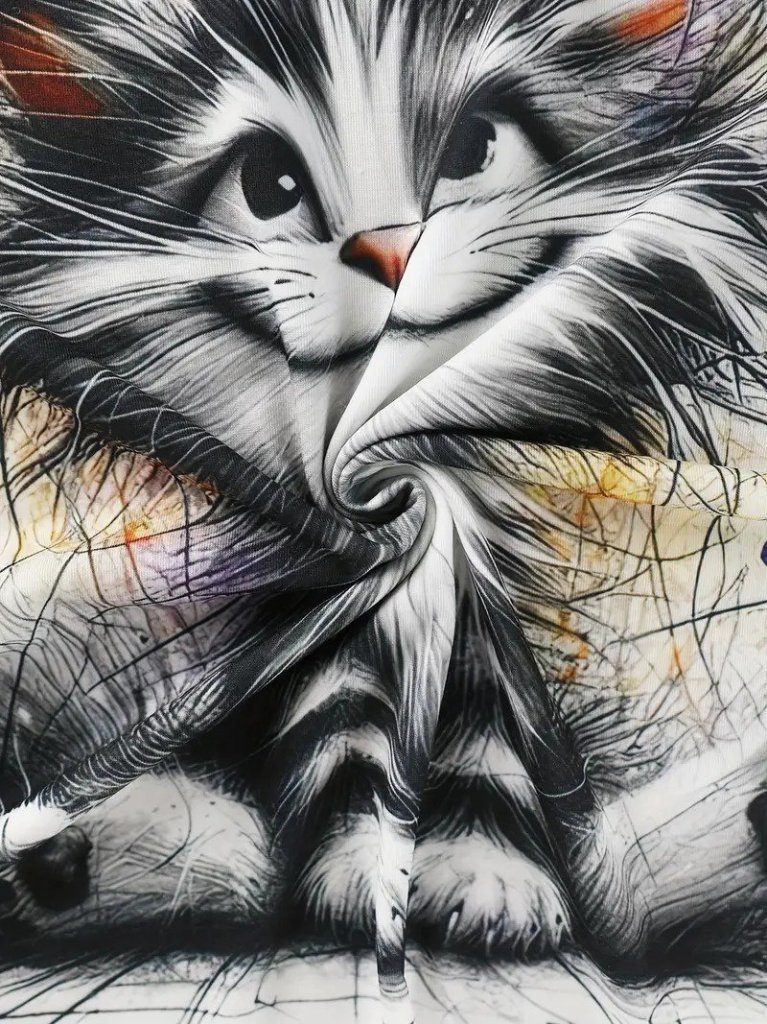 Kadın Kısa Kollu Bisiklet Yaka Kedi Baskılı Süprem Bluz, 25172 - Image 2
