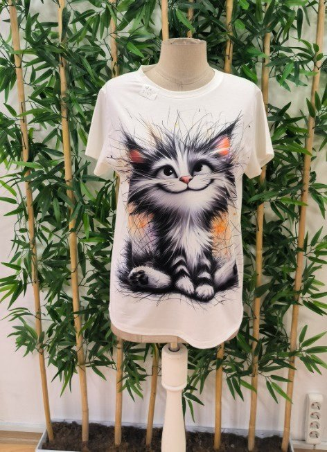 Kadın Kısa Kollu Bisiklet Yaka Kedi Baskılı Süprem Bluz, 25172 - Image 5