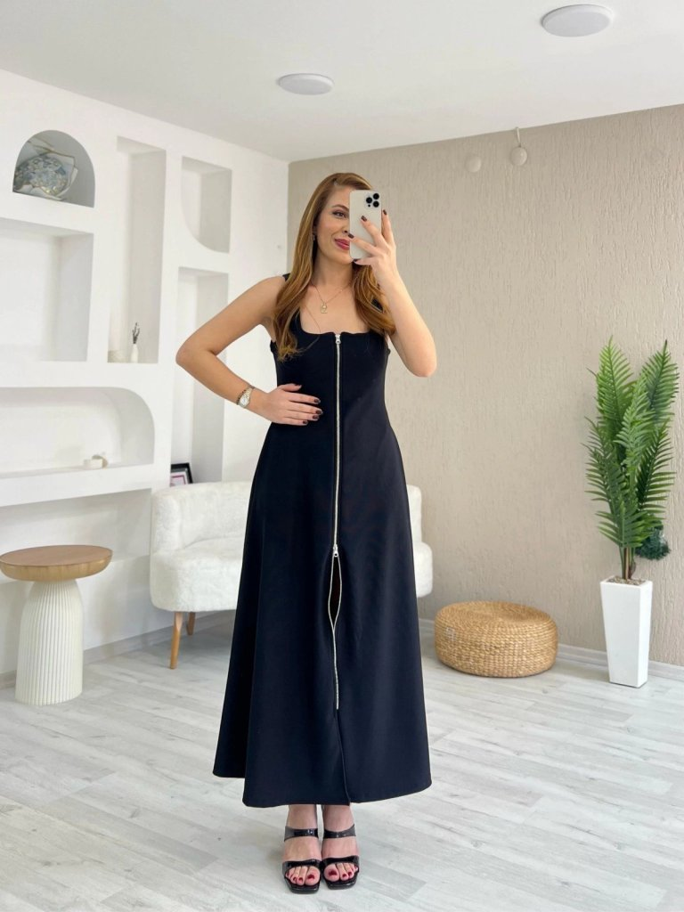 Kadın Askılı Kare Yaka önden Fermuarlı Geniş Kesim Janjan Krep Elbise , 25195