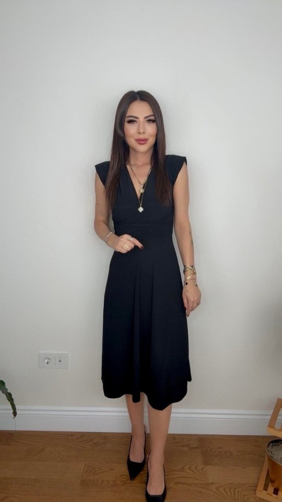 Kadın Kısa Kollu Kruvaze Yakalı Bel Korsajı Buzgulu Midi Janjan Krep Elbise, 25215 - Image 2