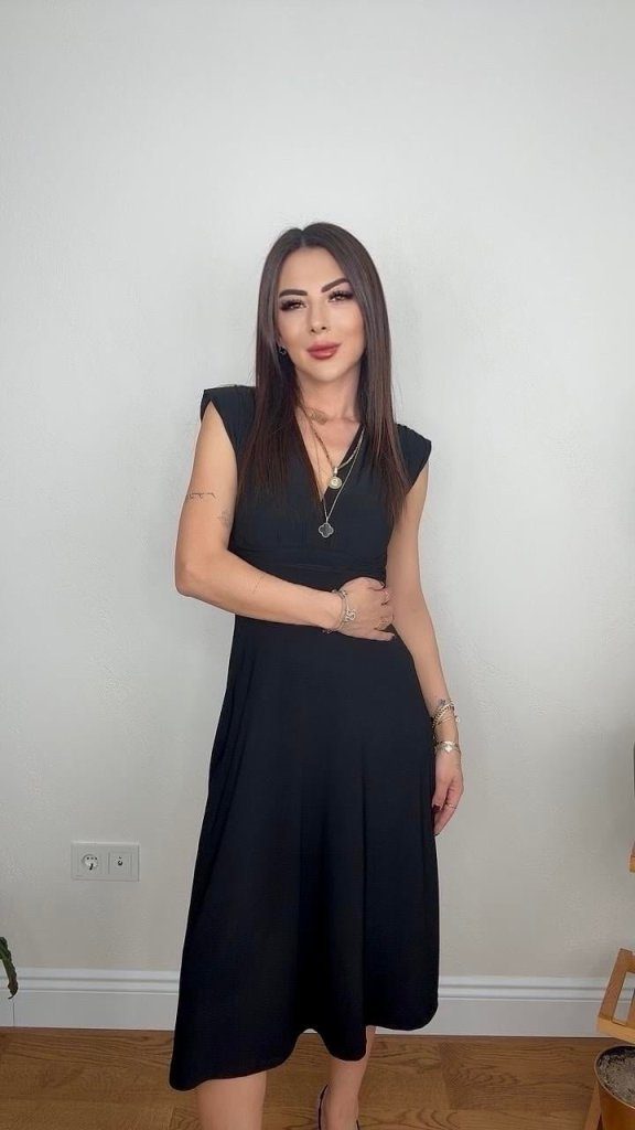 Kadın Kısa Kollu Kruvaze Yakalı Bel Korsajı Buzgulu Midi Janjan Krep Elbise, 25215 - Image 3
