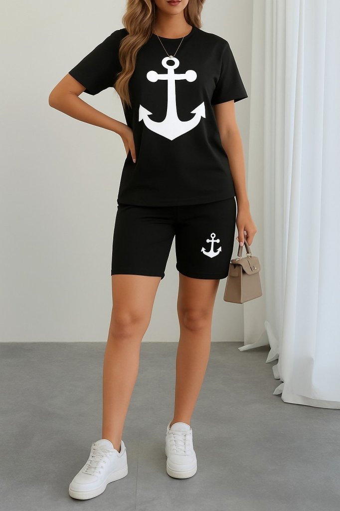 Kadın Kısa Kollu çapa Baskılı Viskon Ikili Takım, 26662