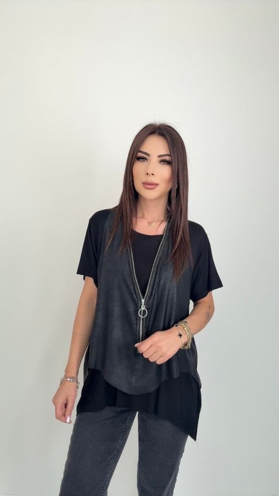 Kadın Kısa Kollu Yuvarlak Yaka Viskon Bluz + Kolsuz Fermuarlı çatlak Deri Yelek, 25347 - Image 3