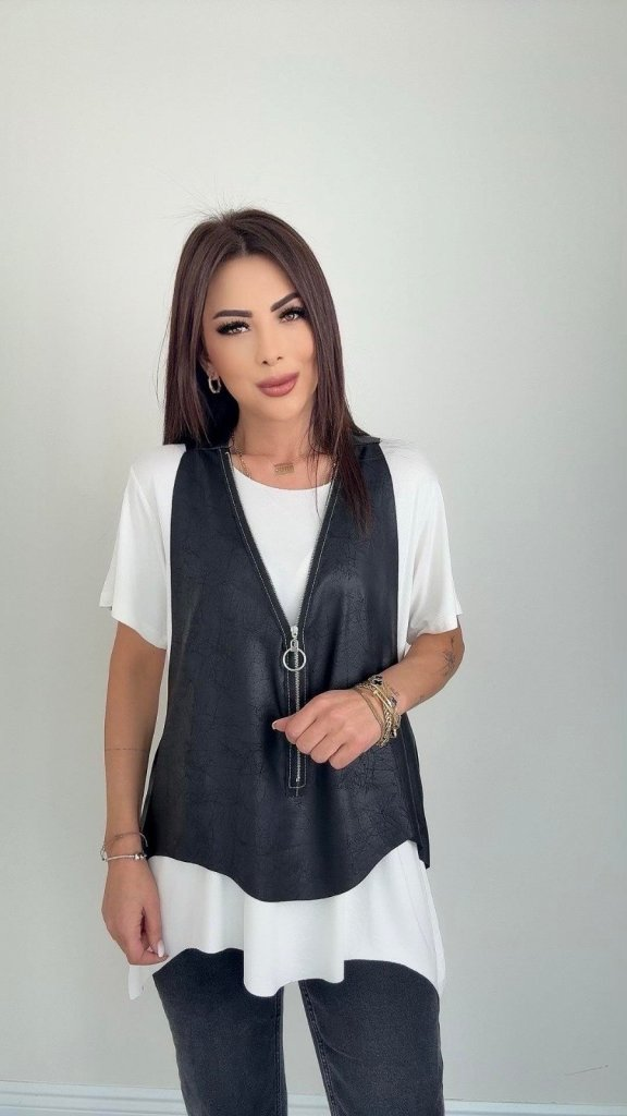 Kadın Kısa Kollu Yuvarlak Yaka Viskon Bluz + Kolsuz Fermuarlı çatlak Deri Yelek, 25349