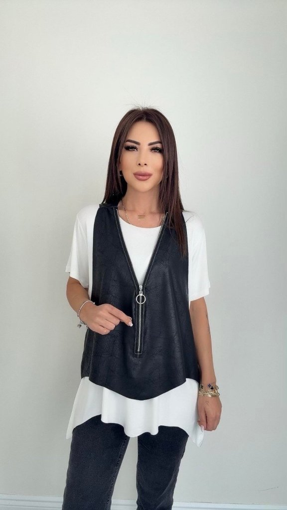 Kadın Kısa Kollu Yuvarlak Yaka Viskon Bluz + Kolsuz Fermuarlı çatlak Deri Yelek, 25349 - Image 2