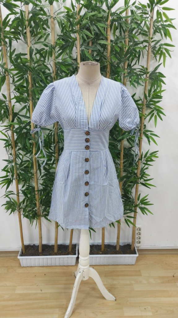 Kadın Kısa Bağcıklı Kol Kruvaze Yaka önden Düğmeli Kısa Poplin Elbise, 25360 - Image 6