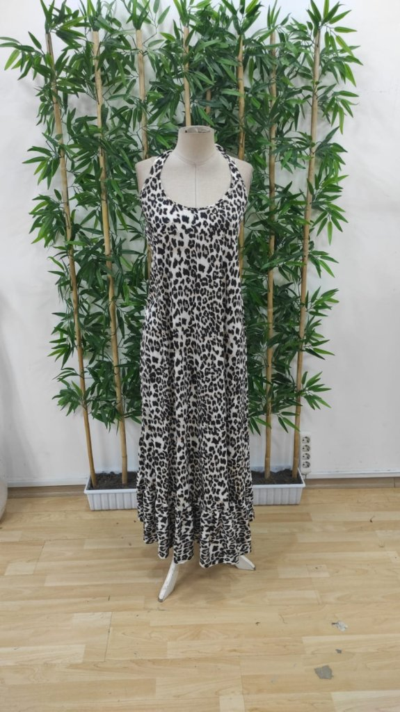 Kadın Sırtı Açık Yuvarlak Yaka Eteği Fırfırlı Leopar Desenli Süprem Elbise, 25364 - Image 5
