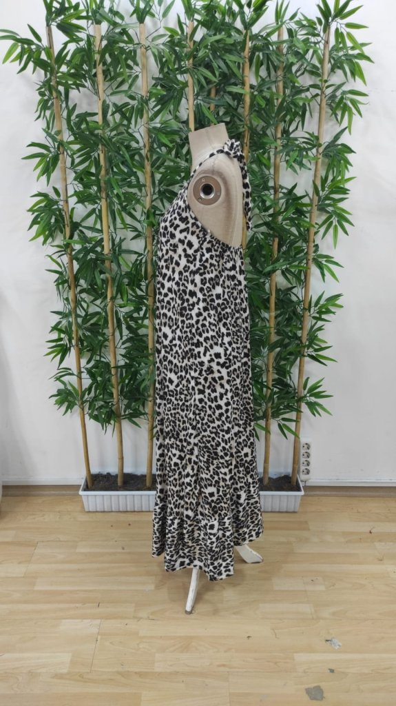 Kadın Sırtı Açık Yuvarlak Yaka Eteği Fırfırlı Leopar Desenli Süprem Elbise, 25364 - Image 6