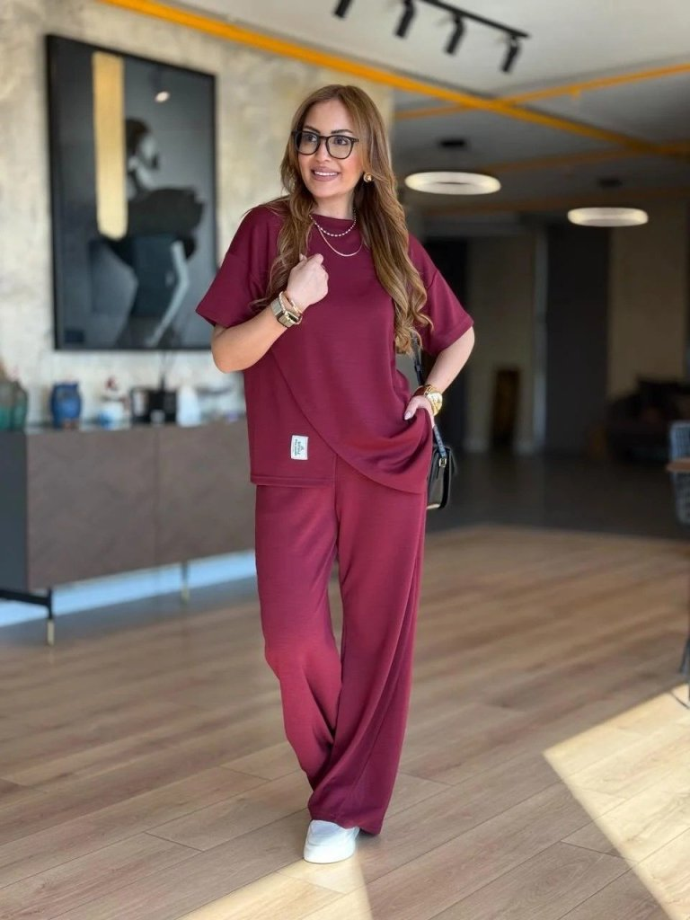 Kadın Kısa Kollu Bisiklet Yaka Asimetrik Viskon Iki Iplik Bluz Ve Pantolon Ikili Takım , 25378 - Image 4