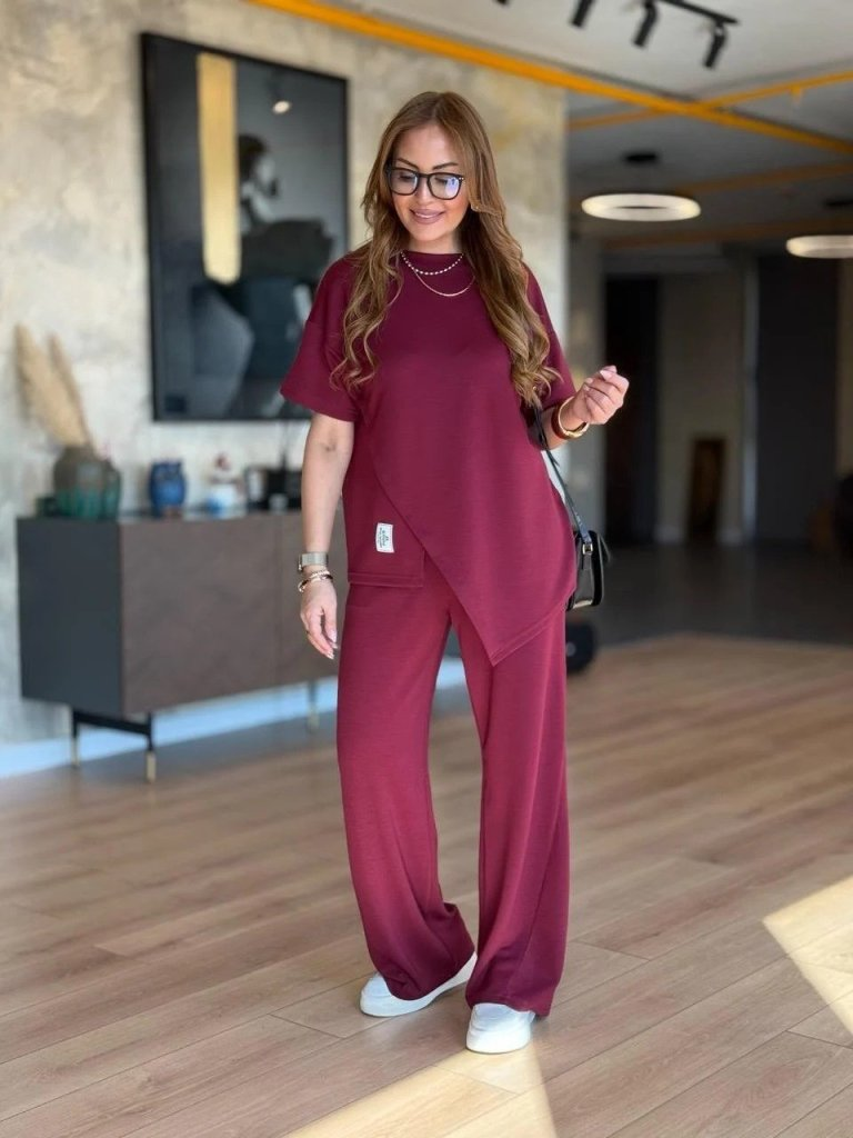 Kadın Kısa Kollu Bisiklet Yaka Asimetrik Viskon Iki Iplik Bluz Ve Pantolon Ikili Takım , 25378 - Image 8