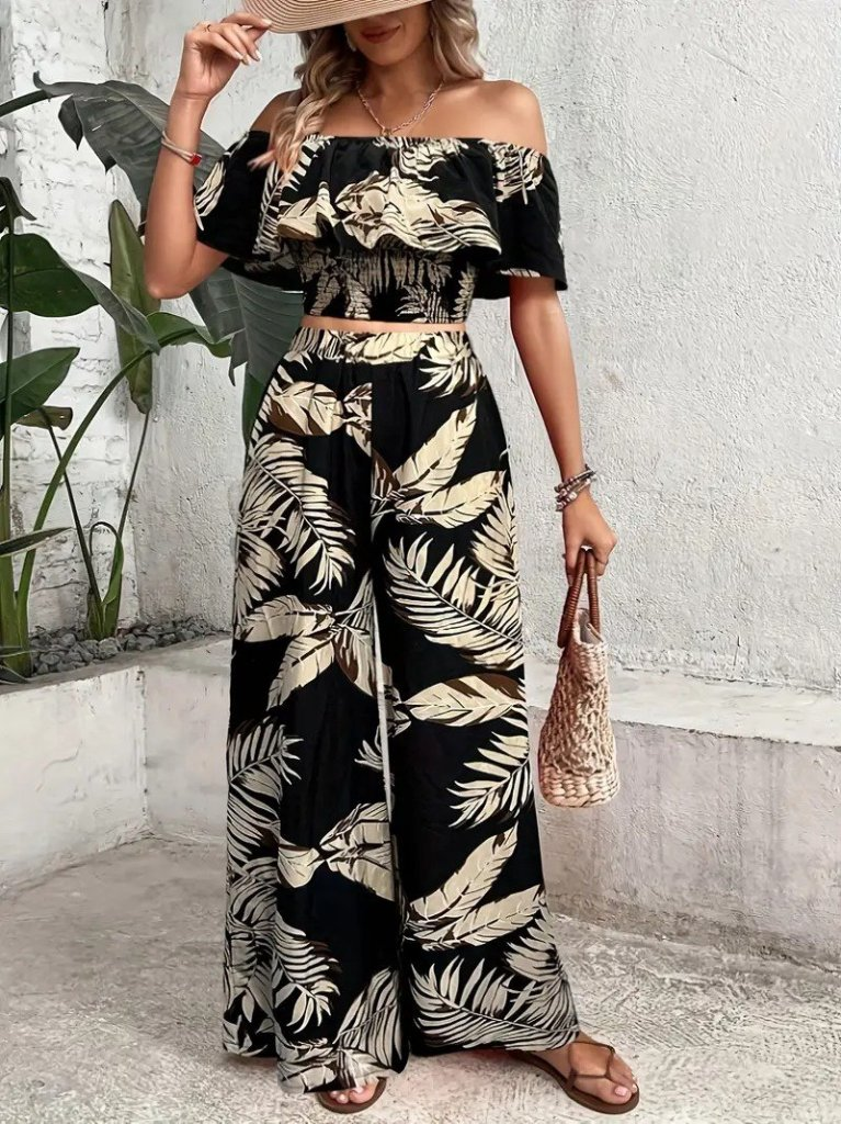 Kadın Kısa Kollu Madonna Fırfır Yaka Crop Süprem Bluz Ve Pantolon Ikili Takım , 25407 - Image 4