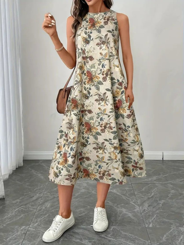 Kadın Sıfır Kollu Yuvarlak Yaka Desenli Ithal Keten Midi Elbise , 25982