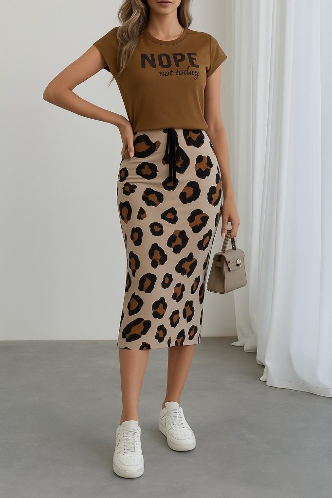 Kadın Kısa Kollu Bisiklet Yaka Viskon Bluz Desenli Dalgıç Etek Ikili Takım , 27101