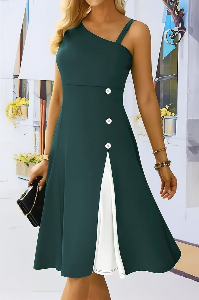 Kadın Tek Omuzu şerit Detaylı Kolsuz Yandan Düğme Detaylı Viskon Elbise, 26607