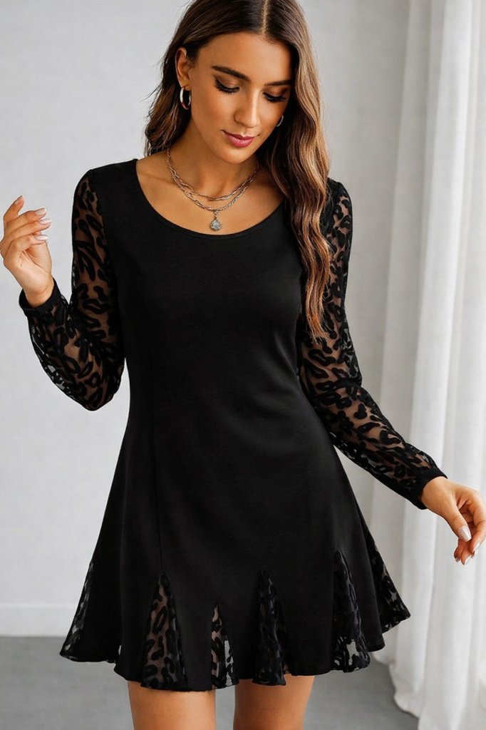 Kadın Uzun Kollu Yuvarlak Yaka Kol Ve Etek Ucu Dantelli Kısa Ithal Krep Elbise , 27787