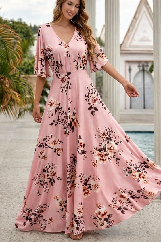 Kadın Kısa Kollu V Yakalı Desenli Süprem Elbise , 33182