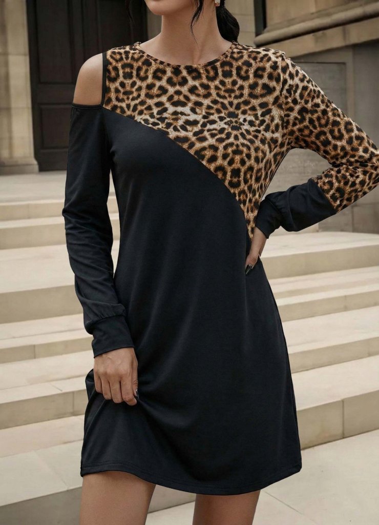 Kadın Uzun Kollu Omuzdan Açık Leopar Desenli Viskon Iki Iplik Mini Elbise , 27869