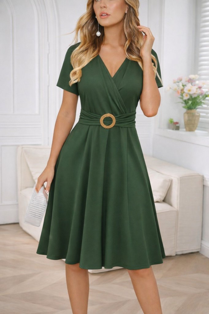 Kadın Kısa Kollu Kruvaze Yakalı önden Toka Detaylı Kısa Viskon Elbise, 31489