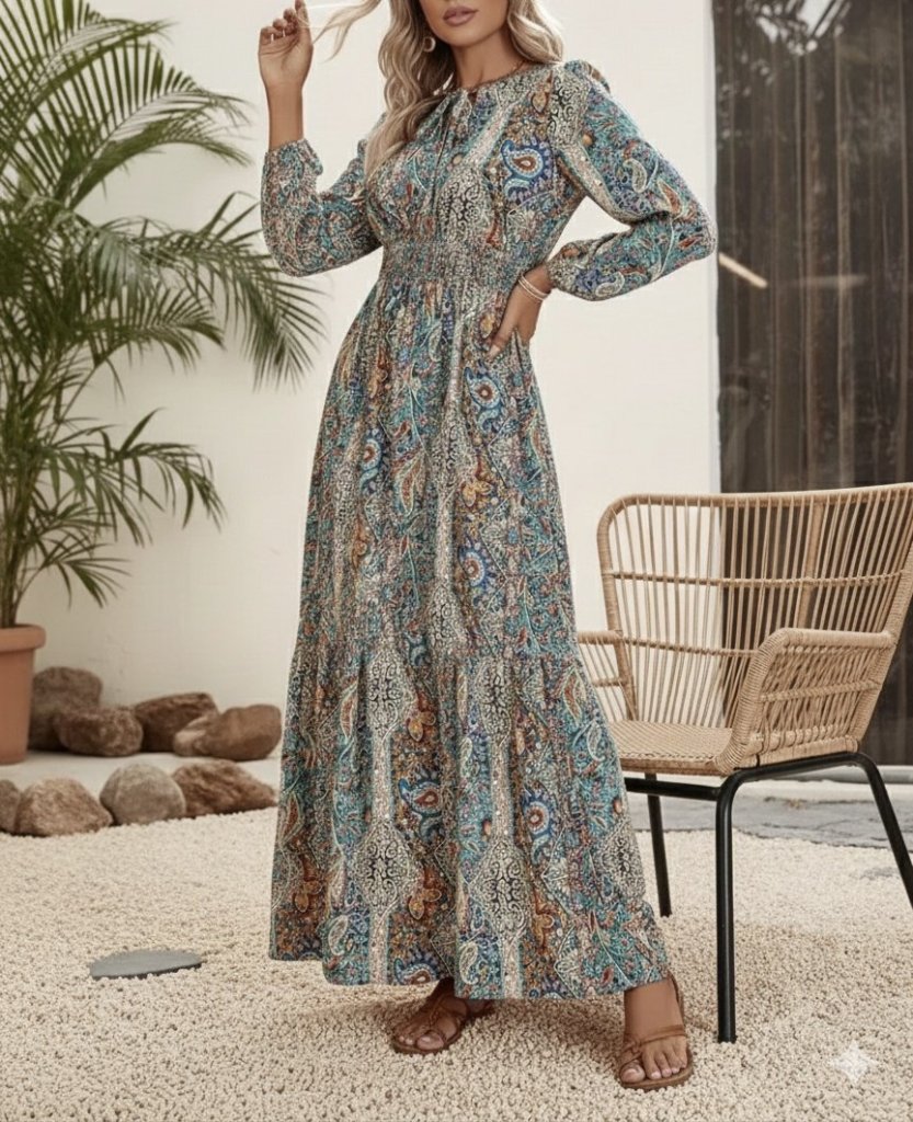 Kadın Uzun Kollu Uakada  Bağcıklı Beli Lastikli Desenli Uzun Süprem Elbise , 28298