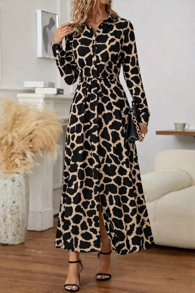 Kadın Uzun Kollu Yakalı önü Düğmeli Desenli Belden Kuşaklı Uzun Süprem Elbise, 28414