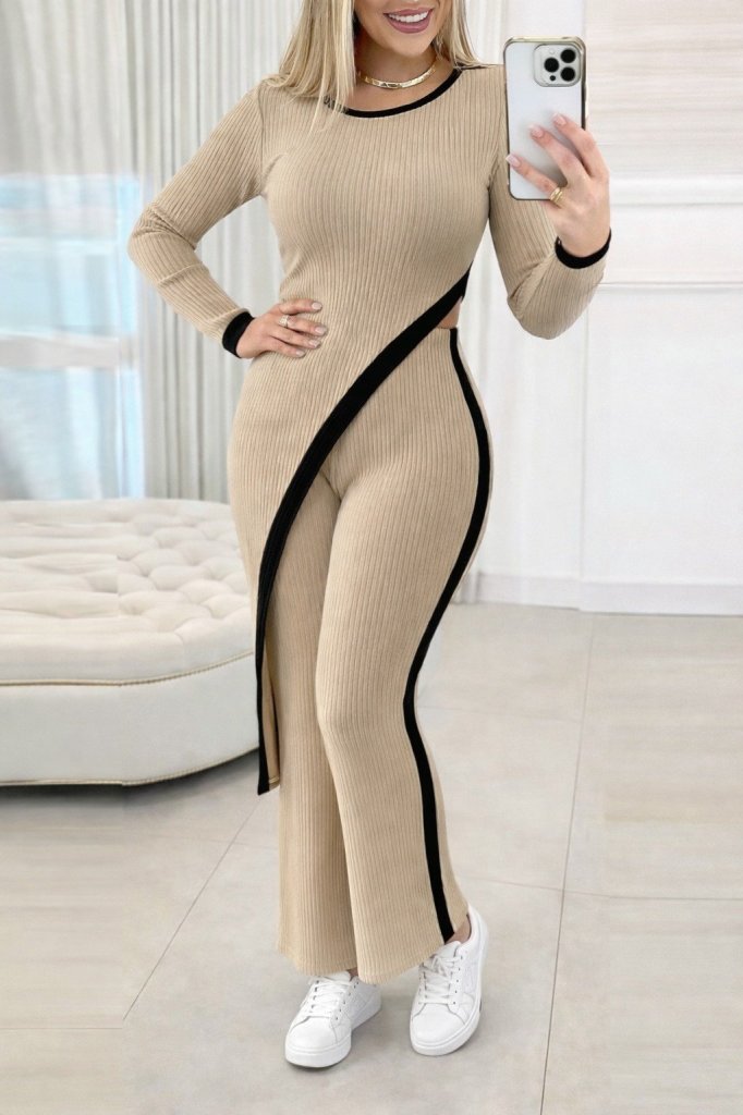 Kadın Uzun Kollu Bisiklet Yaka Asimetrik Kesim Bluz şardonlu Kaşkorse Bluz Ve Pantolon Ikili Takım , 28670