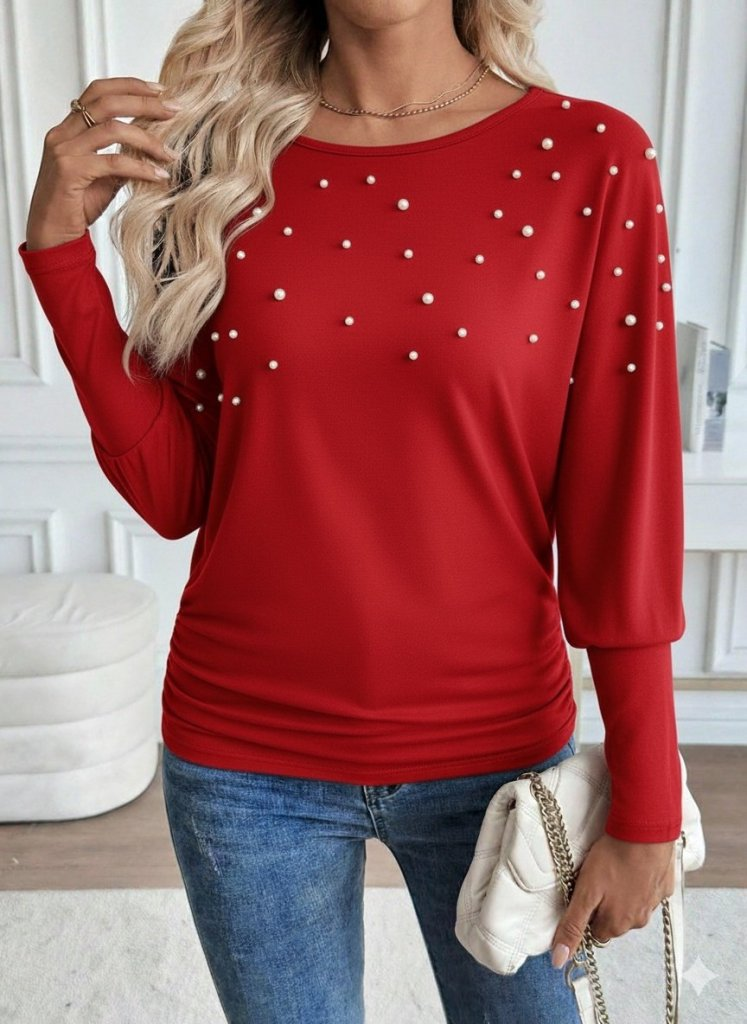 Kadın Uzun Kollu Yuvarlak Yaka Incili Viskon Bluz , 28685