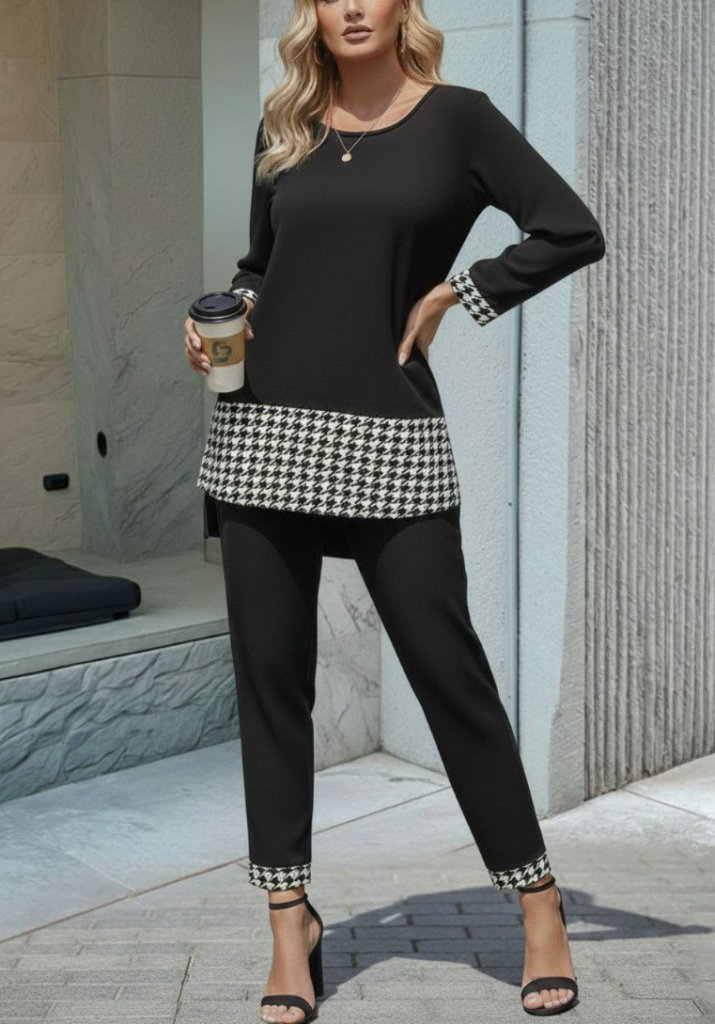 Kadın Uzun Kollu Yuvarlak Yakalı Kaz Ayağı Detaylı Viskon Iki Iplik Bluz Ve Pantolon Ikili Takım , 31835