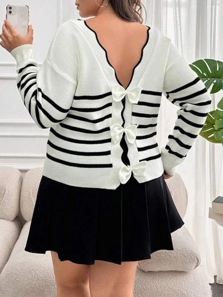 Kadın Beyaz Sırt Bağlama Detaylı çizgi Desen Triko Bluz, 22752