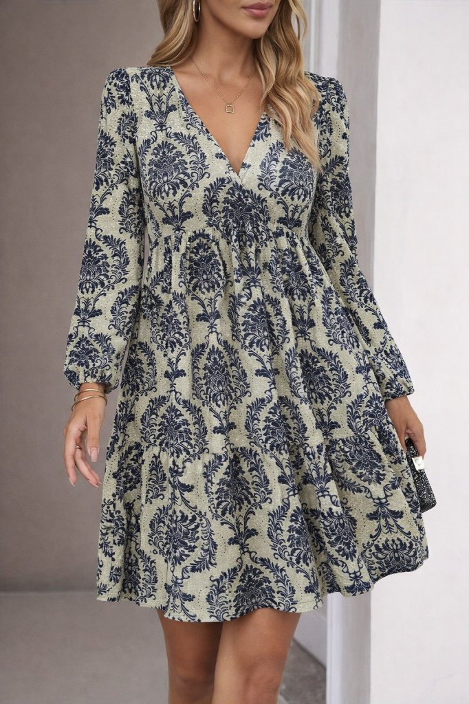 Kadın Uzun Kollu V Yakalı Fırfırlı Mini Süprem Elbise , 29128