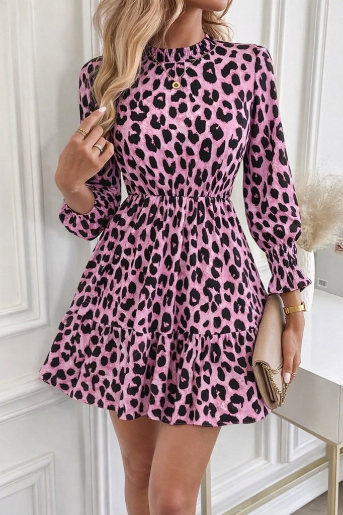 Kadın Uzun Kollu Yarı Balıkçı Yaka Leopar Desenli Modal Mini Elbise , 29393