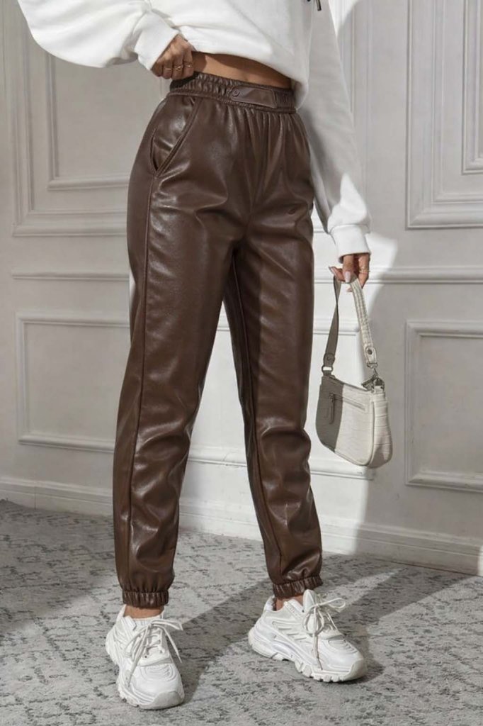 Kadın Yüksek Bel Lastikli önü Düğmeli Deri Pantolon , 29405