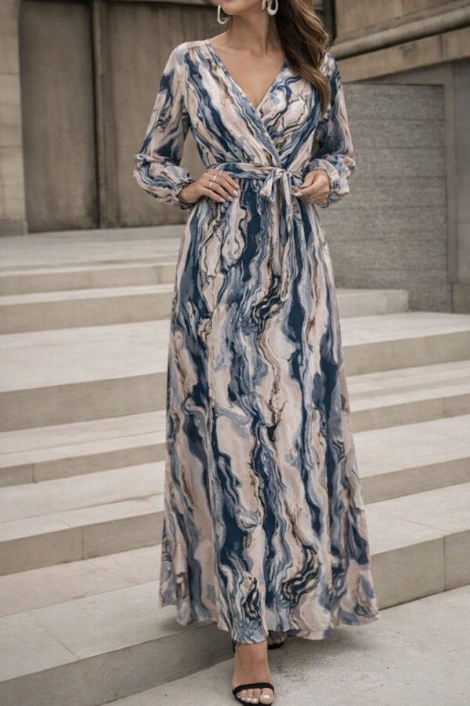 Kadın Uzun Kollu Kruvaze Yakalı Beli Kuşaklı Desenli Süprem Maxi Elbise , 29537