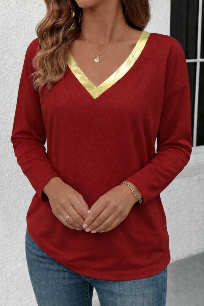 Kadın Uzun Kollu V Parlak Yaka Detaylı Viskon Bluz , 29650
