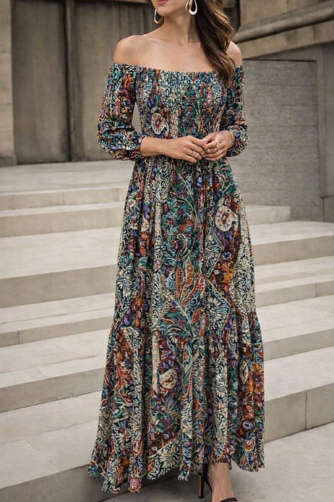 Kadın Düşük Omuzlu Beli Büzgülü Dijital Desenli Kesik Elyaf Süprem Uzun Elbise , 29699