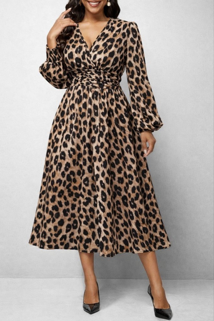 Kadın Uzun Kollu Kruvaze Yaka Belden Oturtmalı Midi Modal Leopar Desenli Elbise , 29728