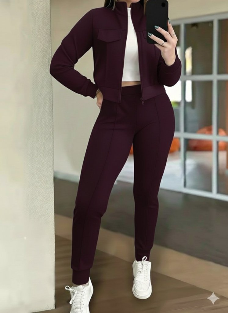 Kadın Uzun Kollu önden Fermuarlı Kısa Modal Mor Ceket Ve Pantolon Ikili Takım , 29865