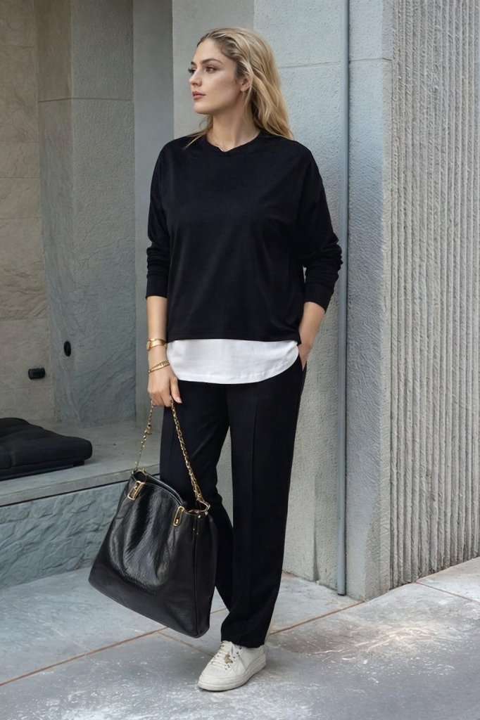 Kadın Uzun Kollu Kapşonlu Bağcıklı Viskon Iki Iplik Bluz Ve Pantolon Ikili Takım , 29952