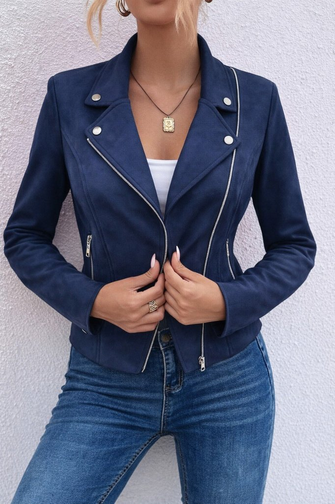 Kadın Uzun Kollu Yakalı önden Fermuarlı Kısa Süet Ceket, 31549