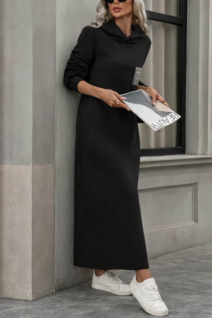 Kadın Uzun Kollu Kapşonlu Cep Detaylı Viskon Iki Iplik Maxi Elbise , 30126