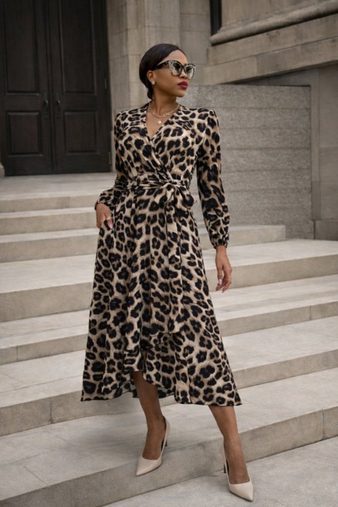 Kadın Uzun Kollu Kruvaze Yakalı Belden Kuşaklı Leopar , 21821