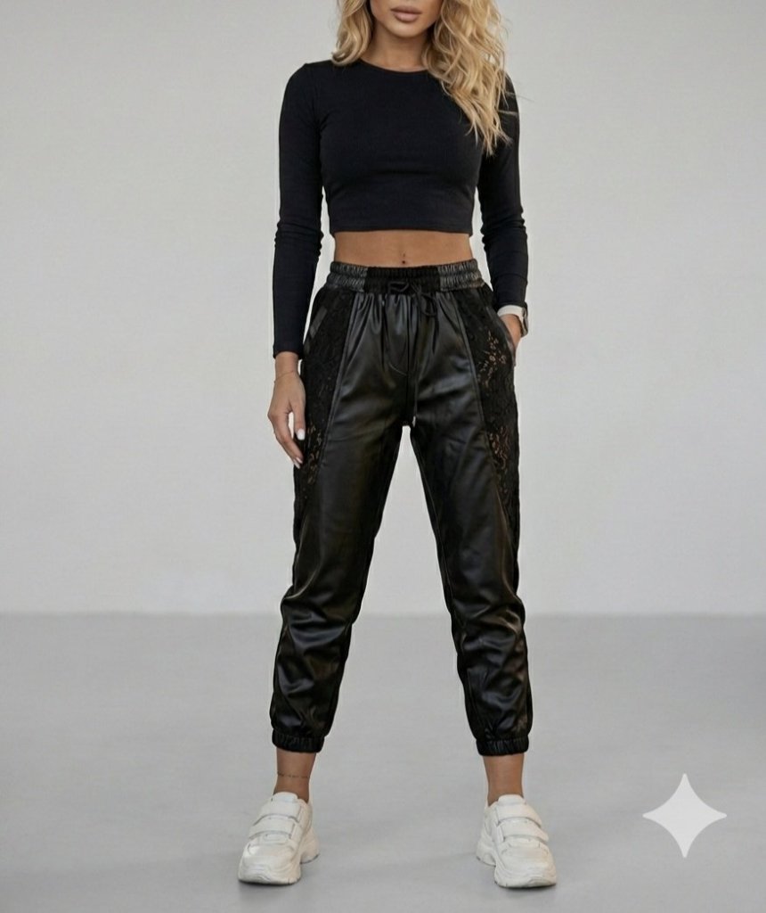 Kadın Yüksek Bel Lastikli Yanda Dantel Detaylı Bağcıklı Deri Pantolon , 30179