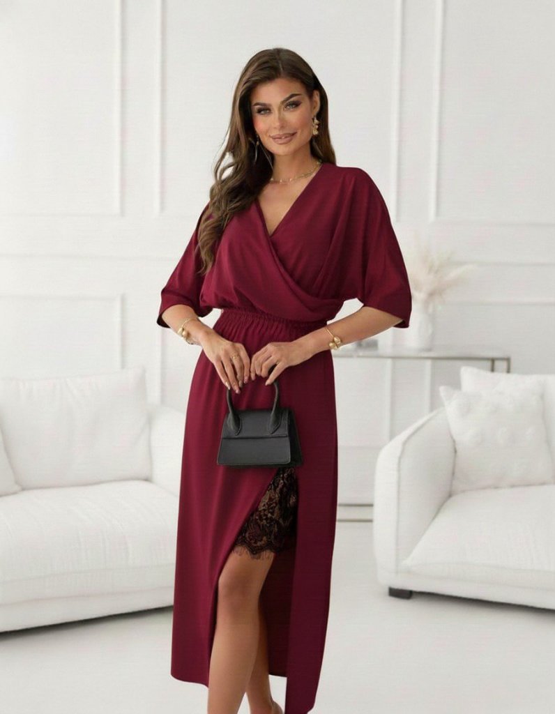 Kadın Uzun Kollu Kruvaze Yakalı Yandan Dantelli Midi Ithal Krep Elbise , 30228