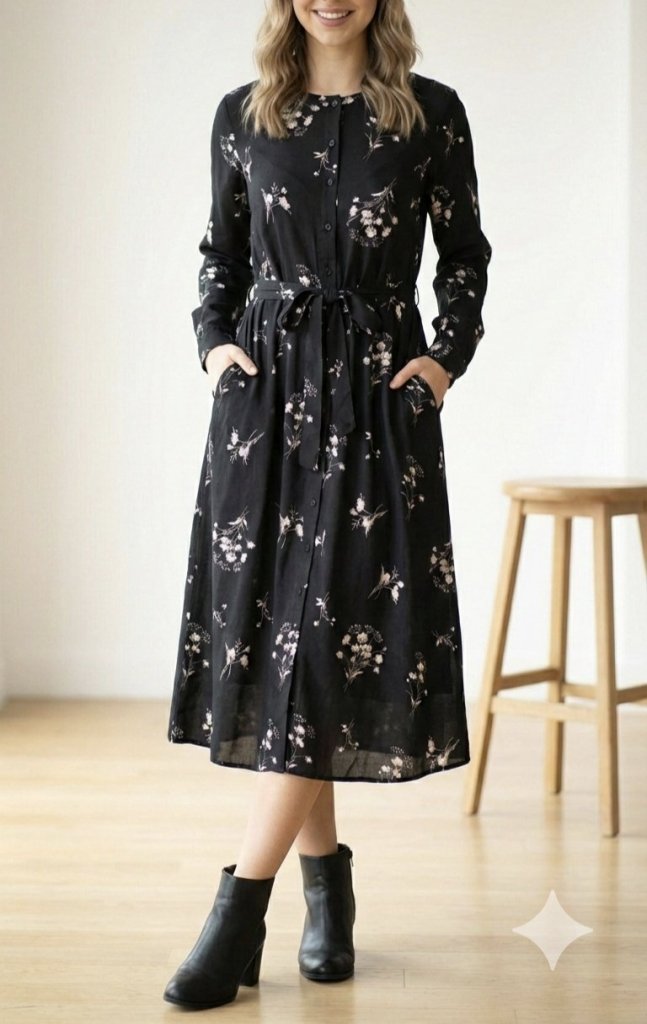 Kadın Uzun Kollu Hakim Yakalı Düğmeli Kuşaklı Desenli Maxi Mikro Süprem Elbise, 30235