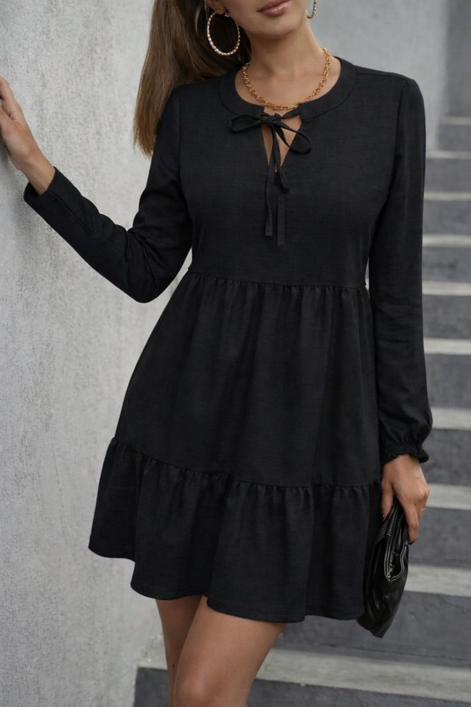 Kadın Uzun Kollu Yakadan Bağcıklı Fırfırlı Keten Mini Elbise , 30284