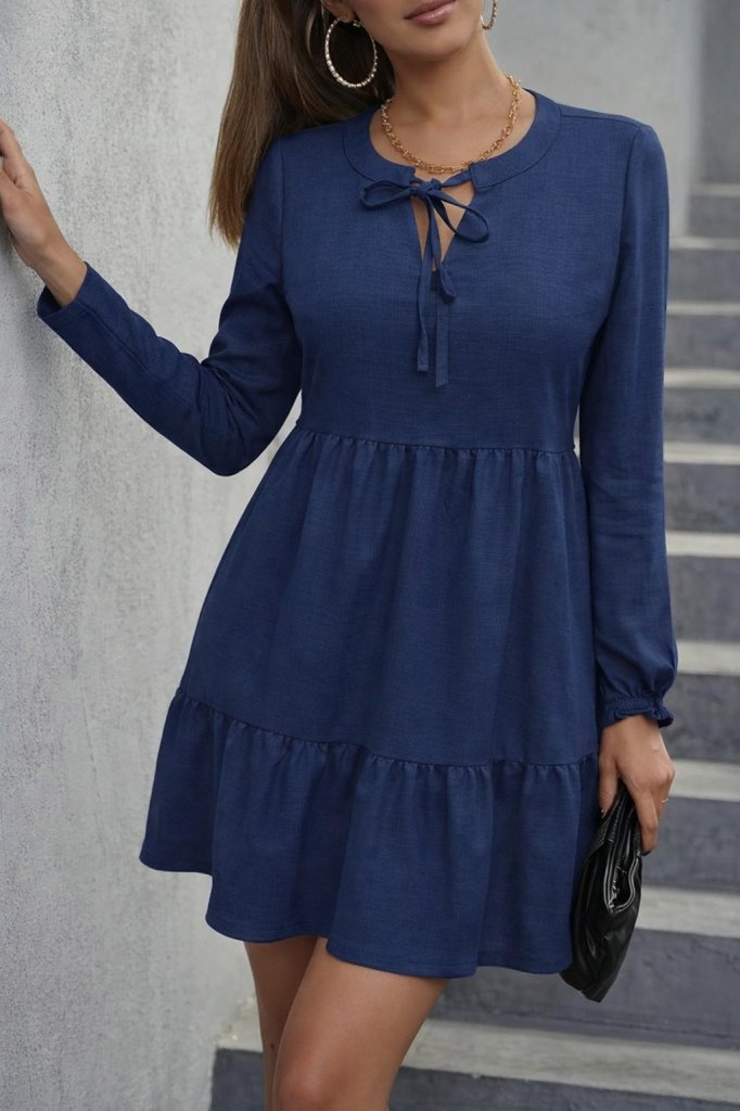 Kadın Uzun Kollu Yakadan Bağcıklı Fırfırlı Keten Mini Elbise , 30286