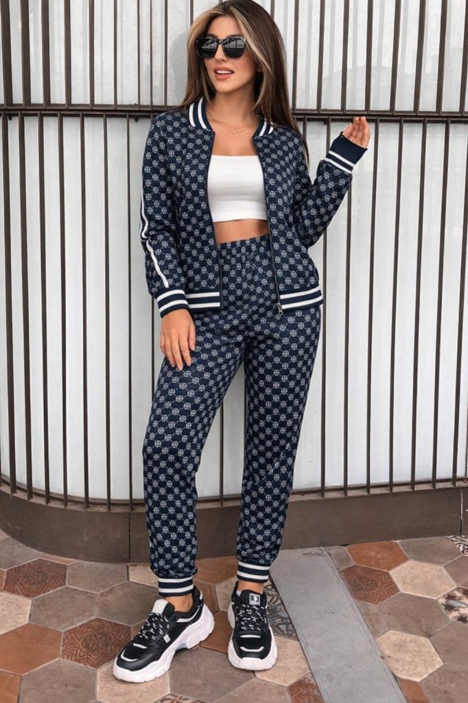 Kadın Uzun Kollu önden Fermuarlı Desenli Iki Iplik Bluz Ve Pantolon Ikili Takım , 30353