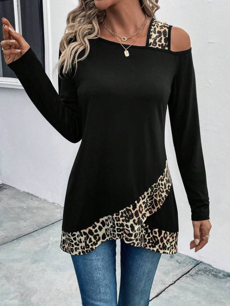 Kadın Tek O Uzdan Açık Askılı Uzun Kollu Leopar Detaylı Viskon Bluz, 30593