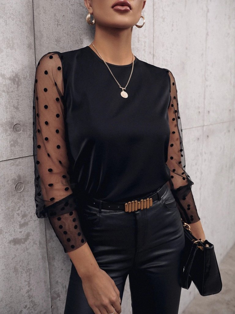 Kadın Uzun Kollu Bisiklet Yaka Kollar Puantiyeli Tül Detaylı Sandy Bluz, 30628