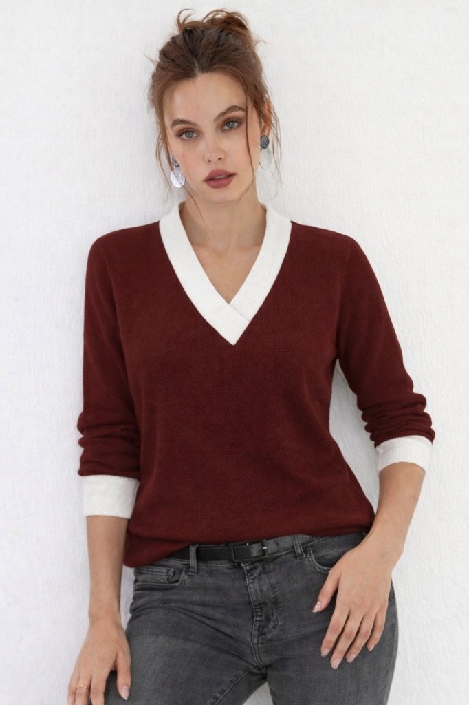 Kadın Uzun Kollu V Yakalı Waffle Bluz, 28210